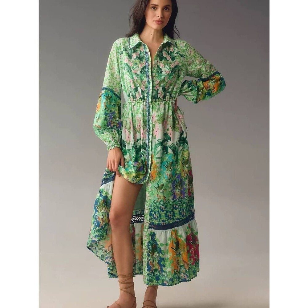 Anthropologie Eleanora Long Sleeve Shirt Dress XS Green Tropical Peacock Tiger